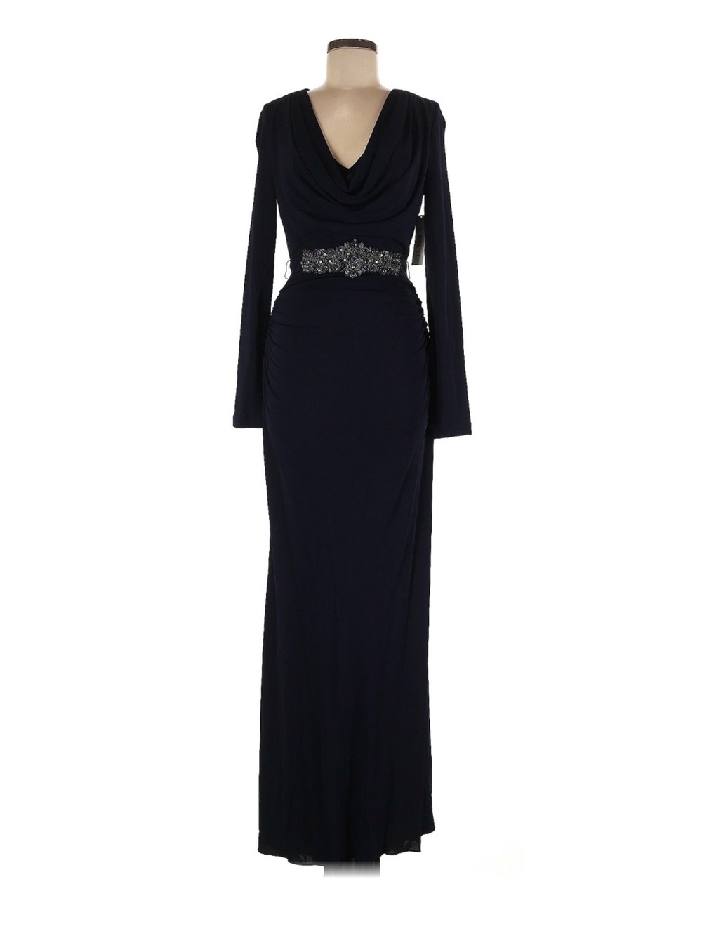 Badgley Mischka Navy Long-Sleeve Draped Evening Gown with Jeweled Waist